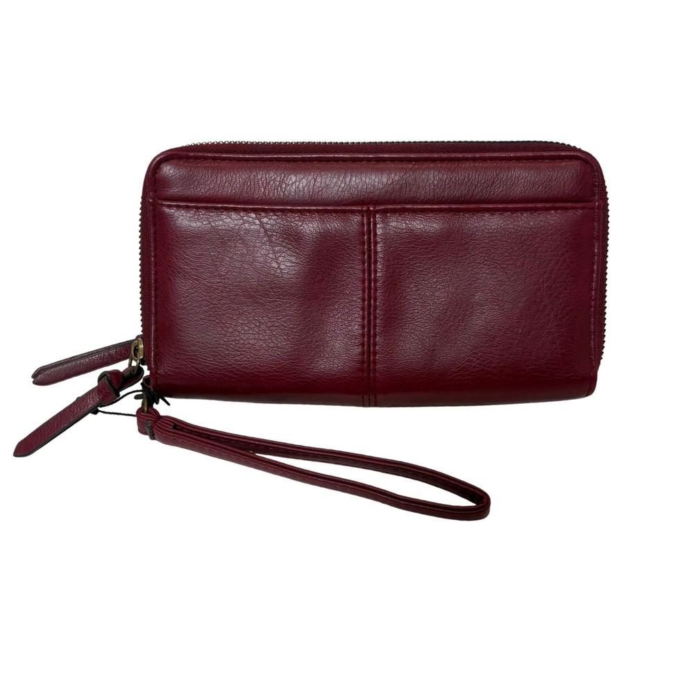Safe Keeper Double Zip Wristlet Wallet Burgundy Faux Leather Card Organizer